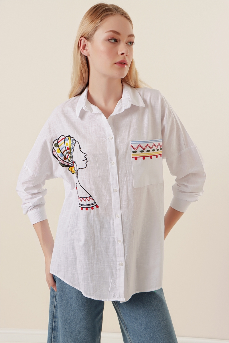 20131 Nakışlı Oversize Keten Gömlek - Beyaz - BİGDART