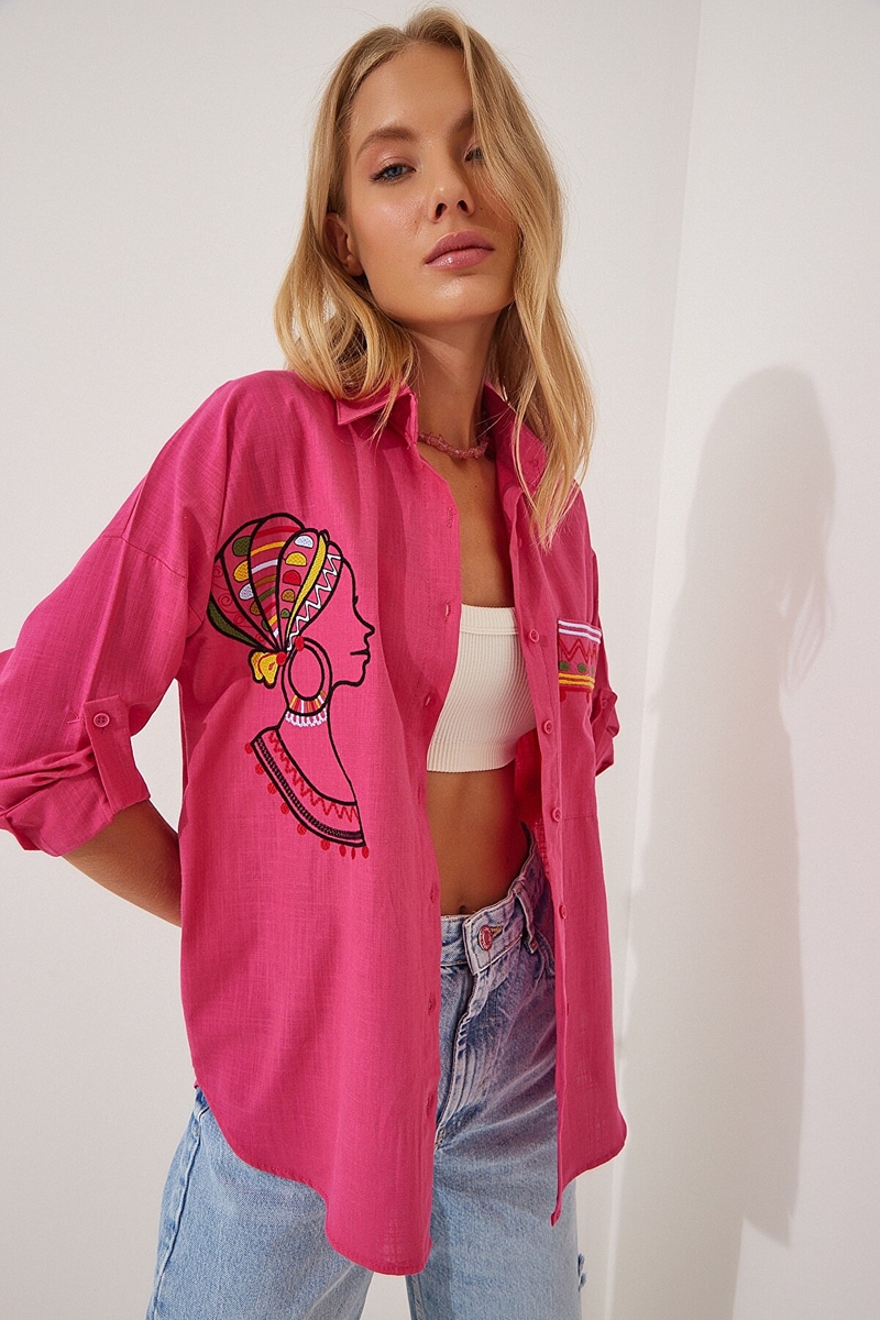 20131 Nakışlı Oversize Keten Gömlek - Fuşya - BİGDART
