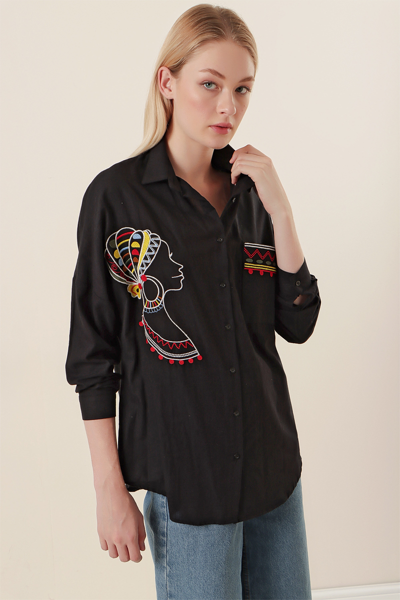 20131 Nakışlı Oversize Keten Gömlek - Siyah - BİGDART