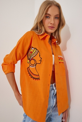 20131 Nakışlı Oversize Keten Gömlek - Turuncu - BİGDART