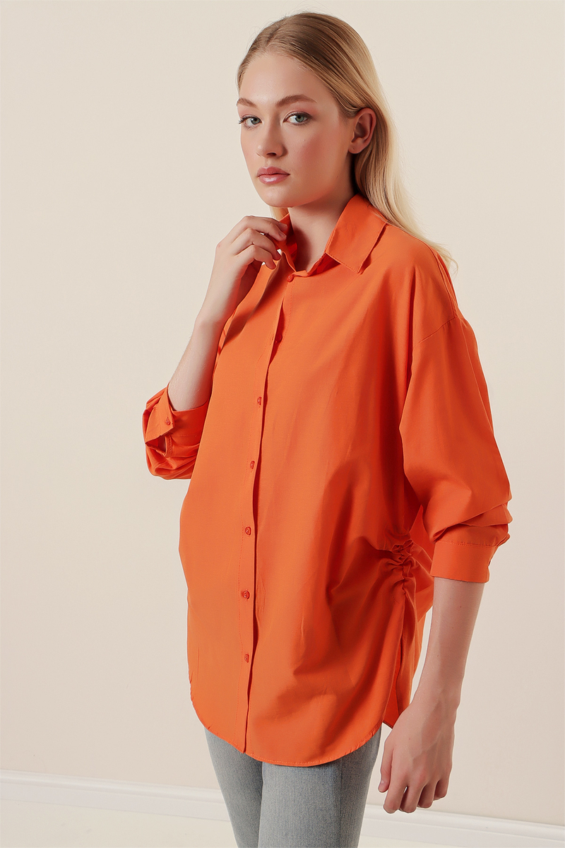 20132 İp Büzgülü Oversize Gömlek - Turuncu - BİGDART
