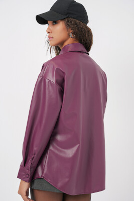 20134 Oversize Suni Deri Gömlek - Mürdüm - 6