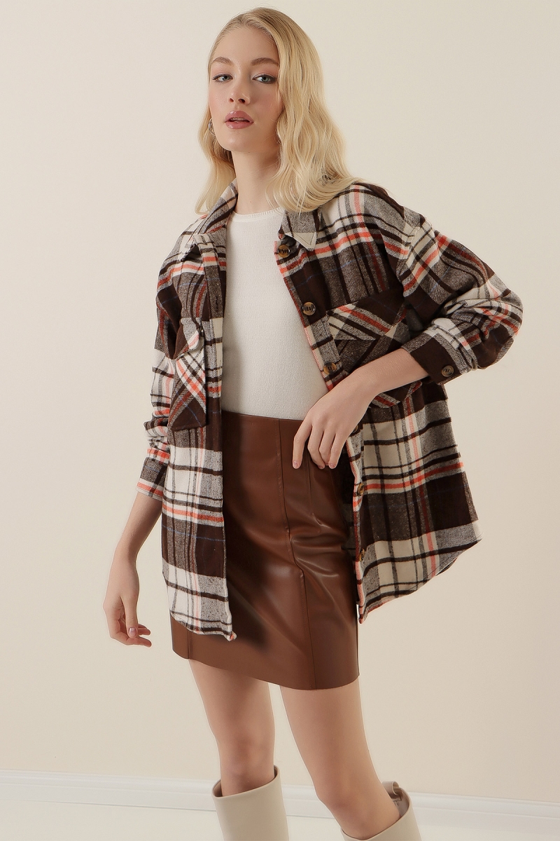 20136 Oversize Oduncu Gömleği - Kahverengi - BİGDART