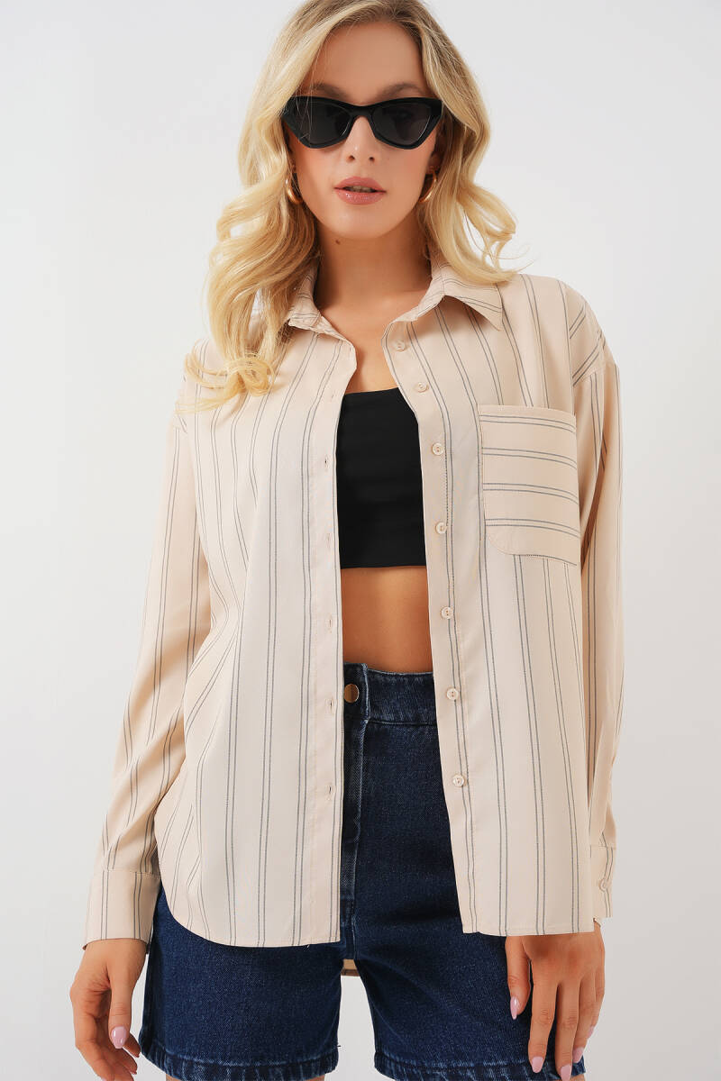 20143 Cepli Oversize Gömlek - Krem - BİGDART