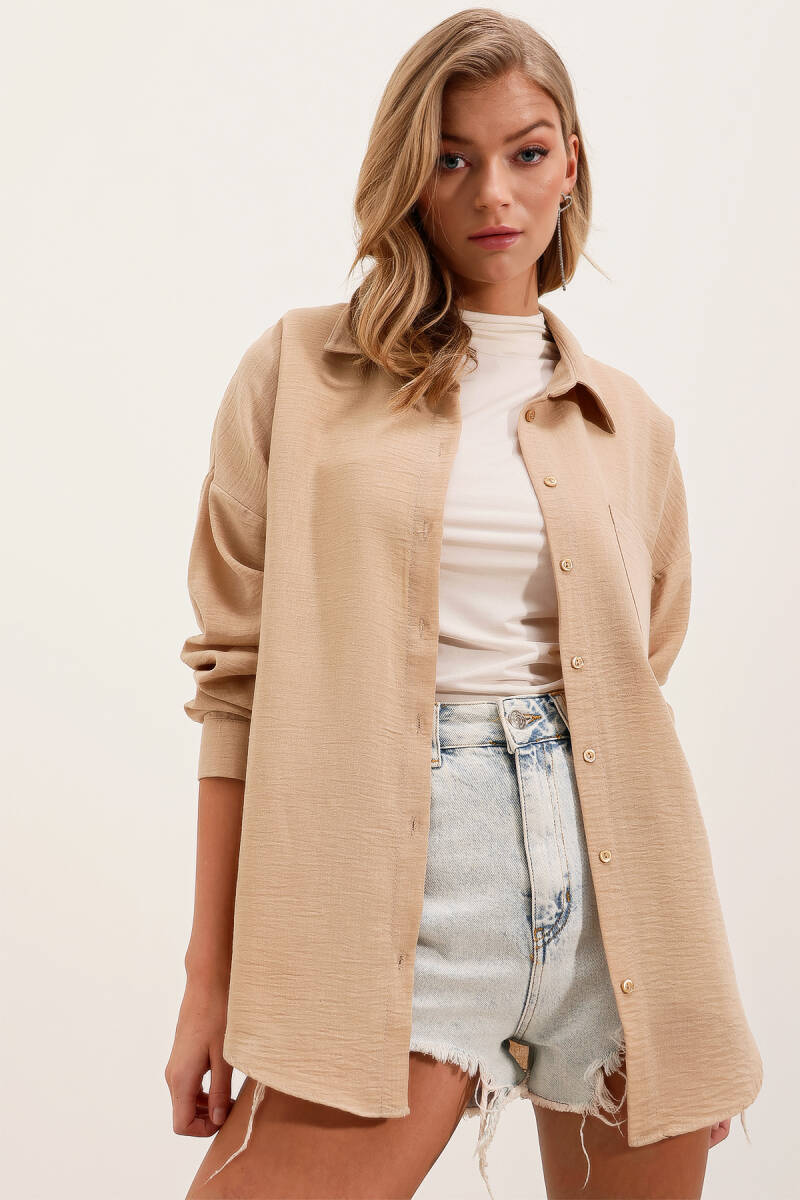 20153 Tek Cepli Oversize Keten Gömlek - A.Bej - BİGDART