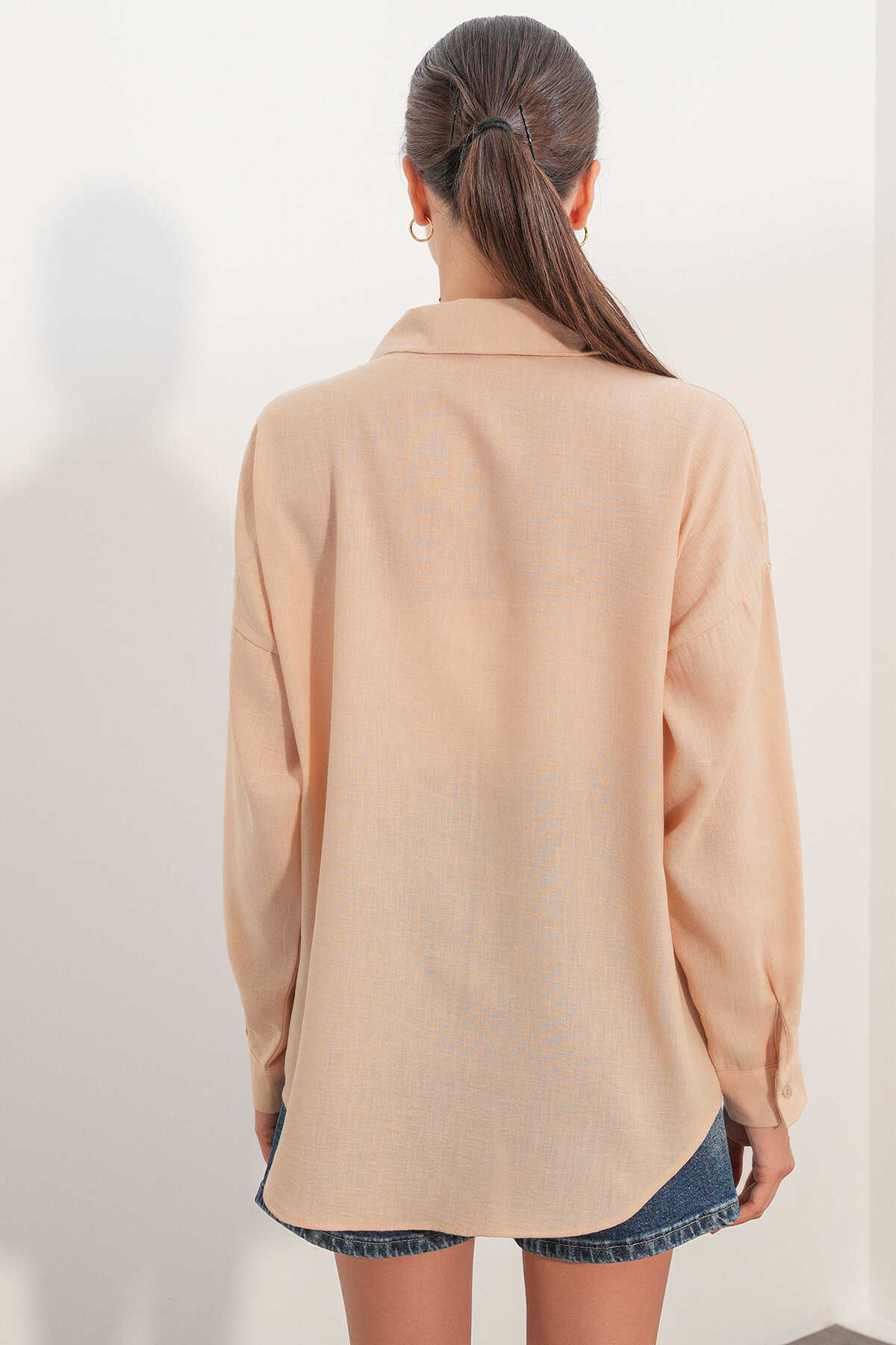 20153 Tek Cepli Oversize Keten Gömlek - A.Bej - 6