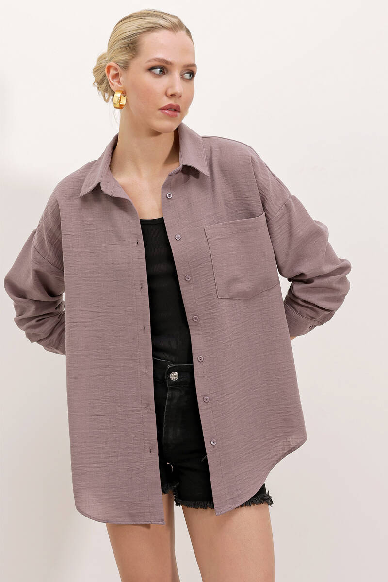 20153 Tek Cepli Oversize Keten Gömlek - Koyu Lila - BİGDART