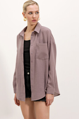 20153 Tek Cepli Oversize Keten Gömlek - Koyu Lila - 3