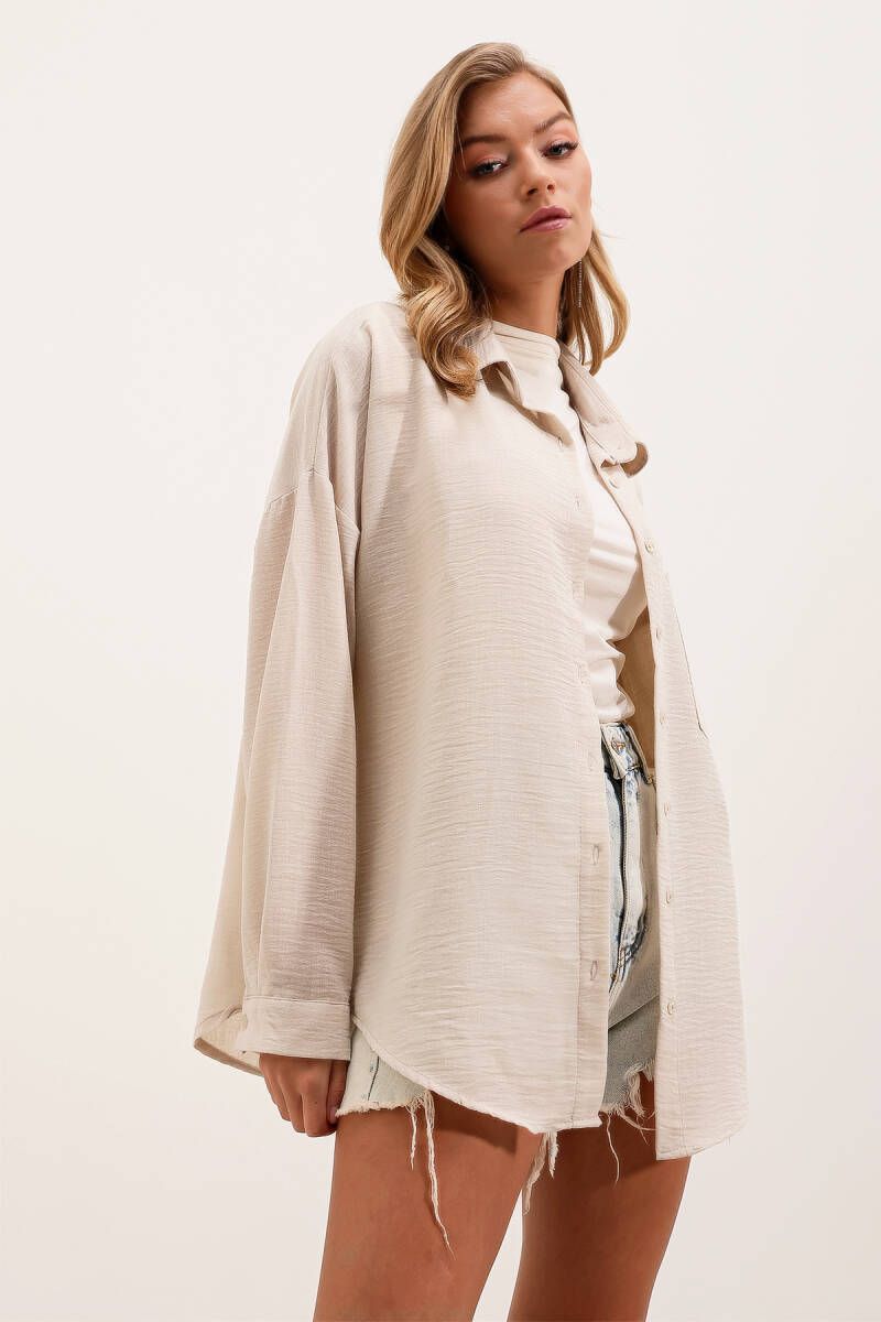 20153 Tek Cepli Oversize Keten Gömlek - Krem (1)