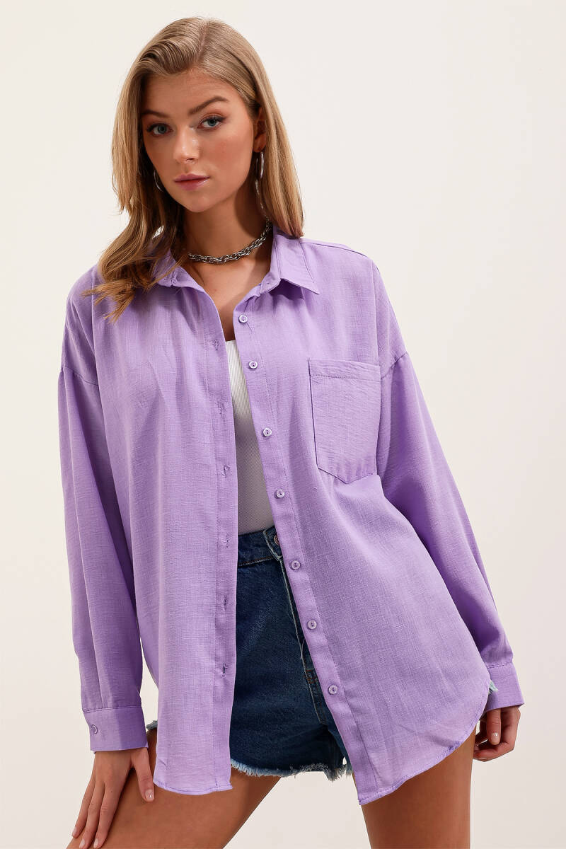 20153 Tek Cepli Oversize Keten Gömlek - Lila - BİGDART