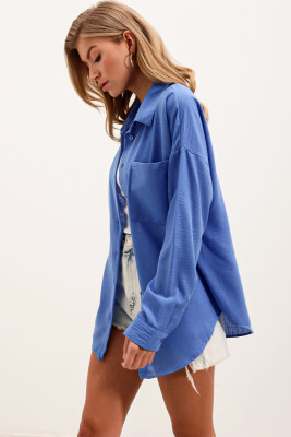 20153 Tek Cepli Oversize Keten Gömlek - Saks - 2