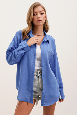 20153 Tek Cepli Oversize Keten Gömlek - Saks - 4