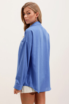 20153 Tek Cepli Oversize Keten Gömlek - Saks - 5