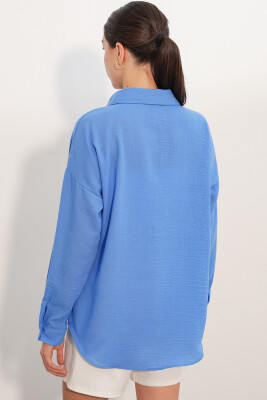 20153 Tek Cepli Oversize Keten Gömlek - Saks - 6