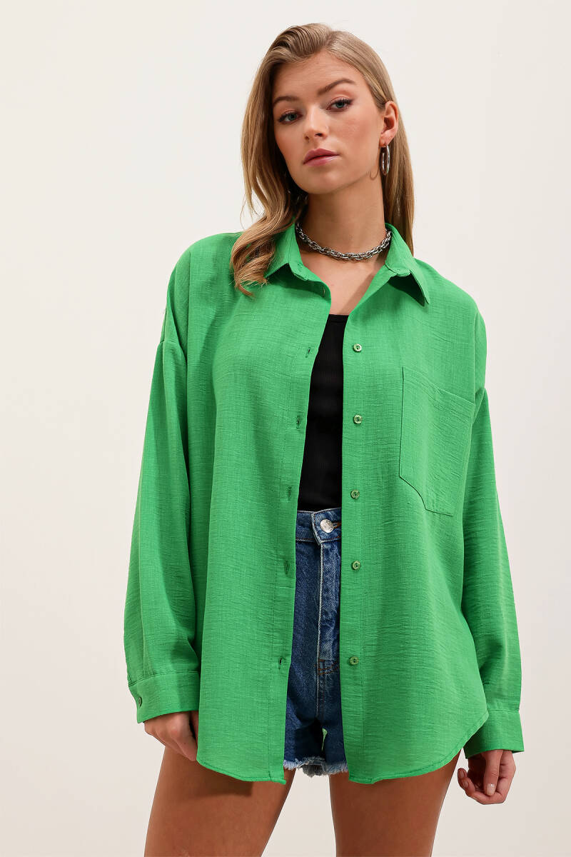 20153 Tek Cepli Oversize Keten Gömlek - Yeşil - BİGDART