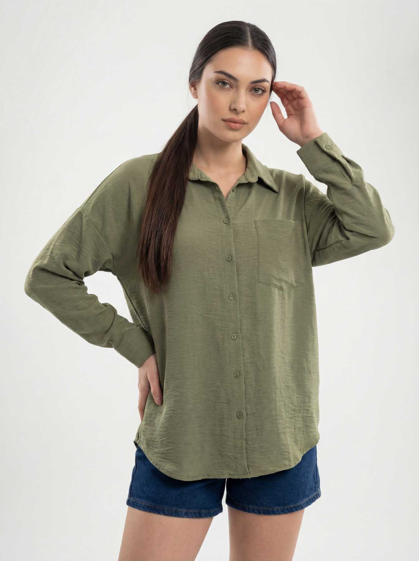 20153 Tek Cepli Oversize Keten Gömlek - A.Haki - BİGDART
