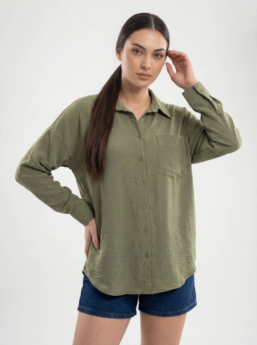 20153 Tek Cepli Oversize Keten Gömlek - A.Haki - BİGDART