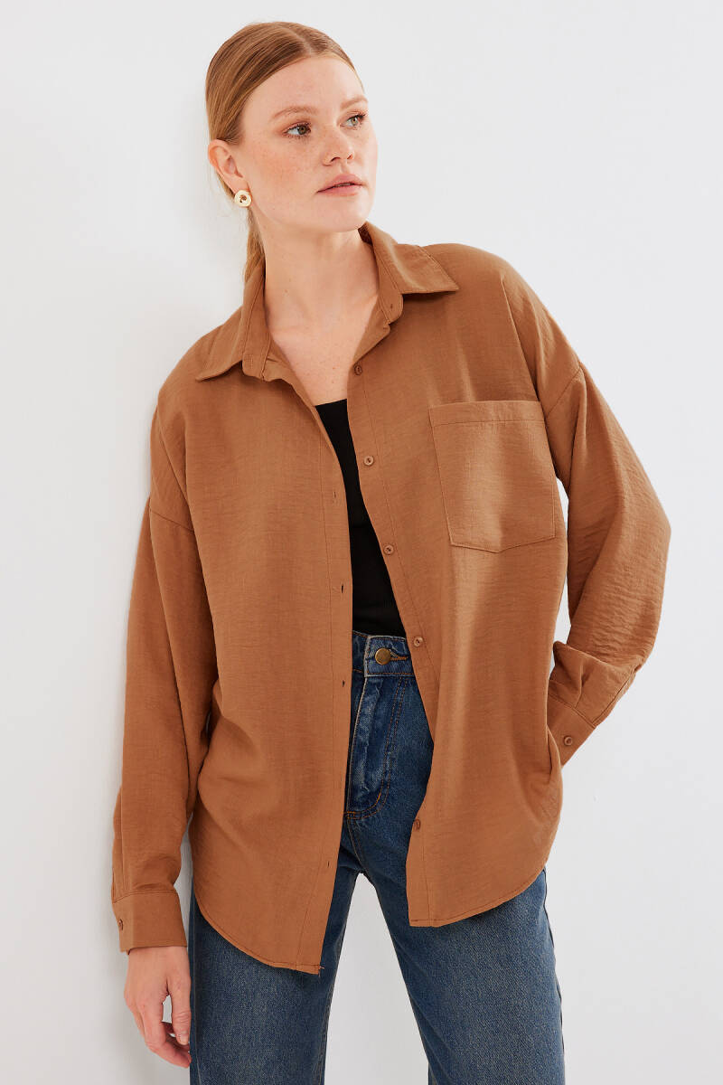 20153 Tek Cepli Oversize Keten Gömlek - A. Kiremit - BİGDART