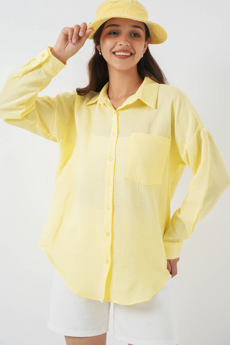 20153 Tek Cepli Oversize Keten Gömlek - Açık Sarı - BİGDART