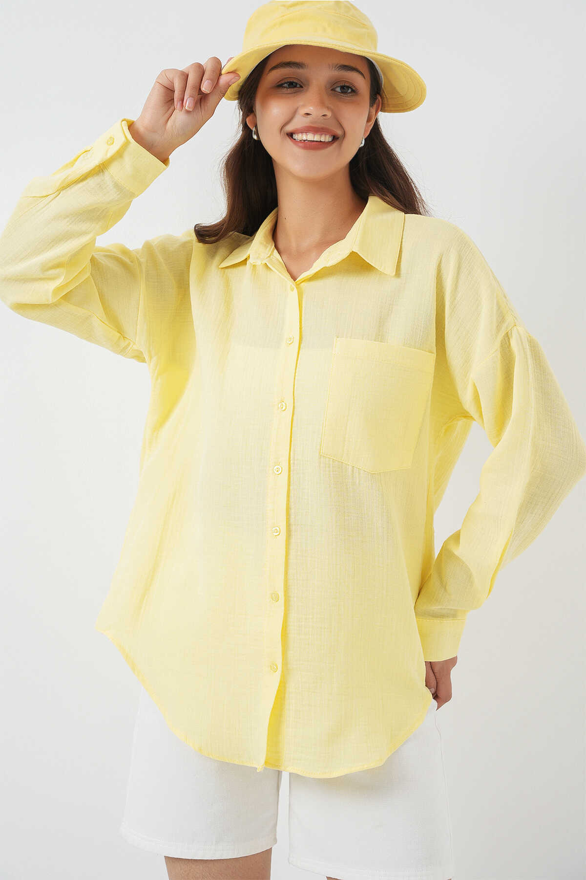 20153 Tek Cepli Oversize Keten Gömlek - Açık Sarı - 1