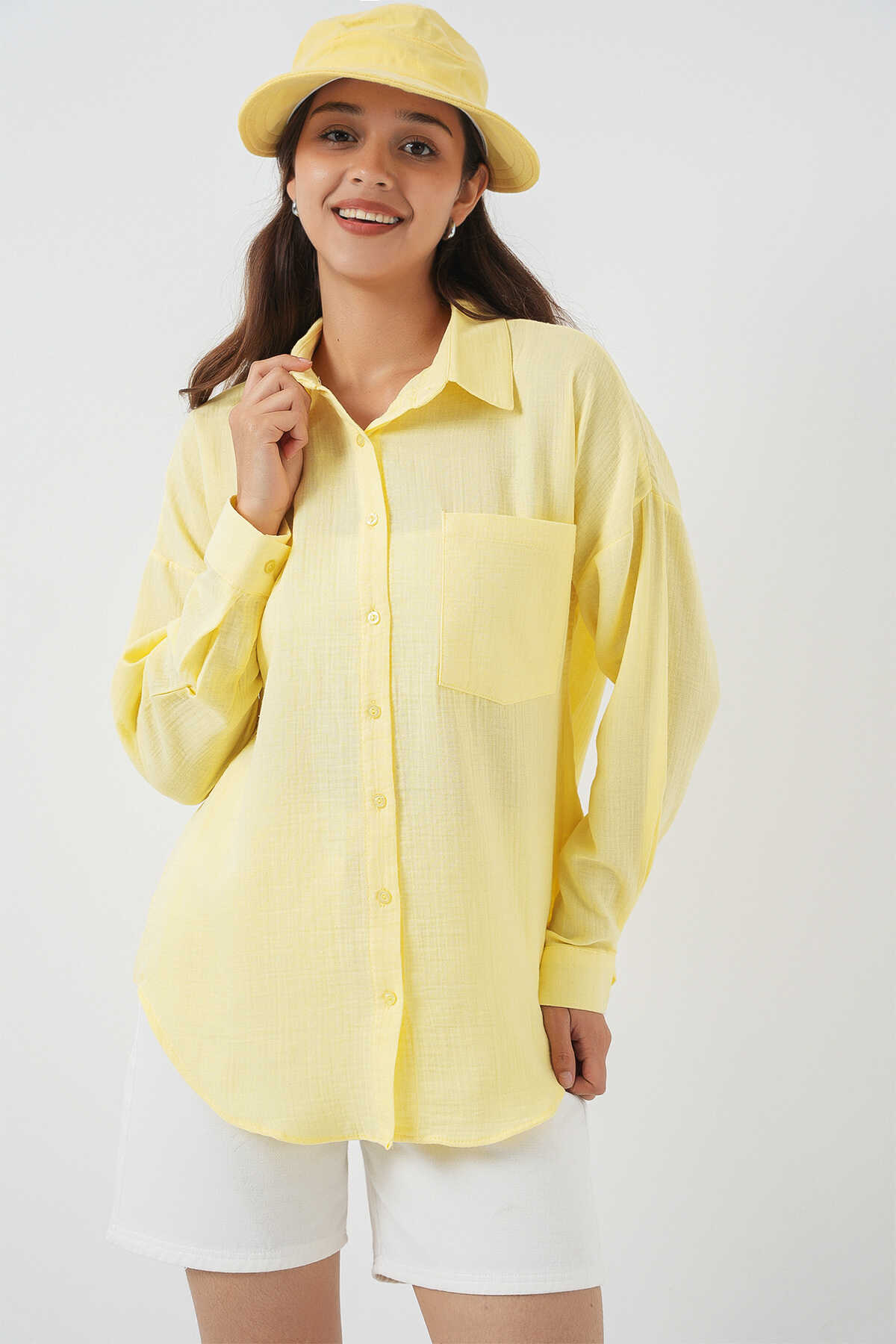 20153 Tek Cepli Oversize Keten Gömlek - Açık Sarı - 5