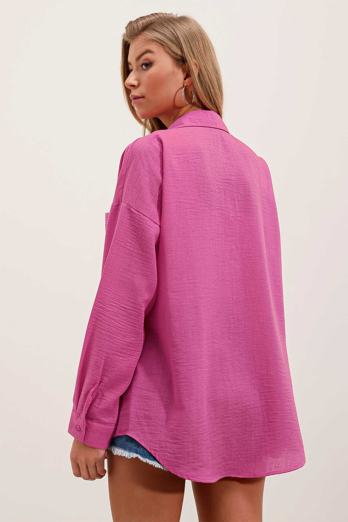 20153 Tek Cepli Oversize Keten Gömlek - A.Fuşya - 5