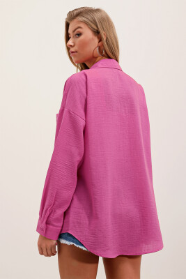 20153 Tek Cepli Oversize Keten Gömlek - A.Fuşya - 5