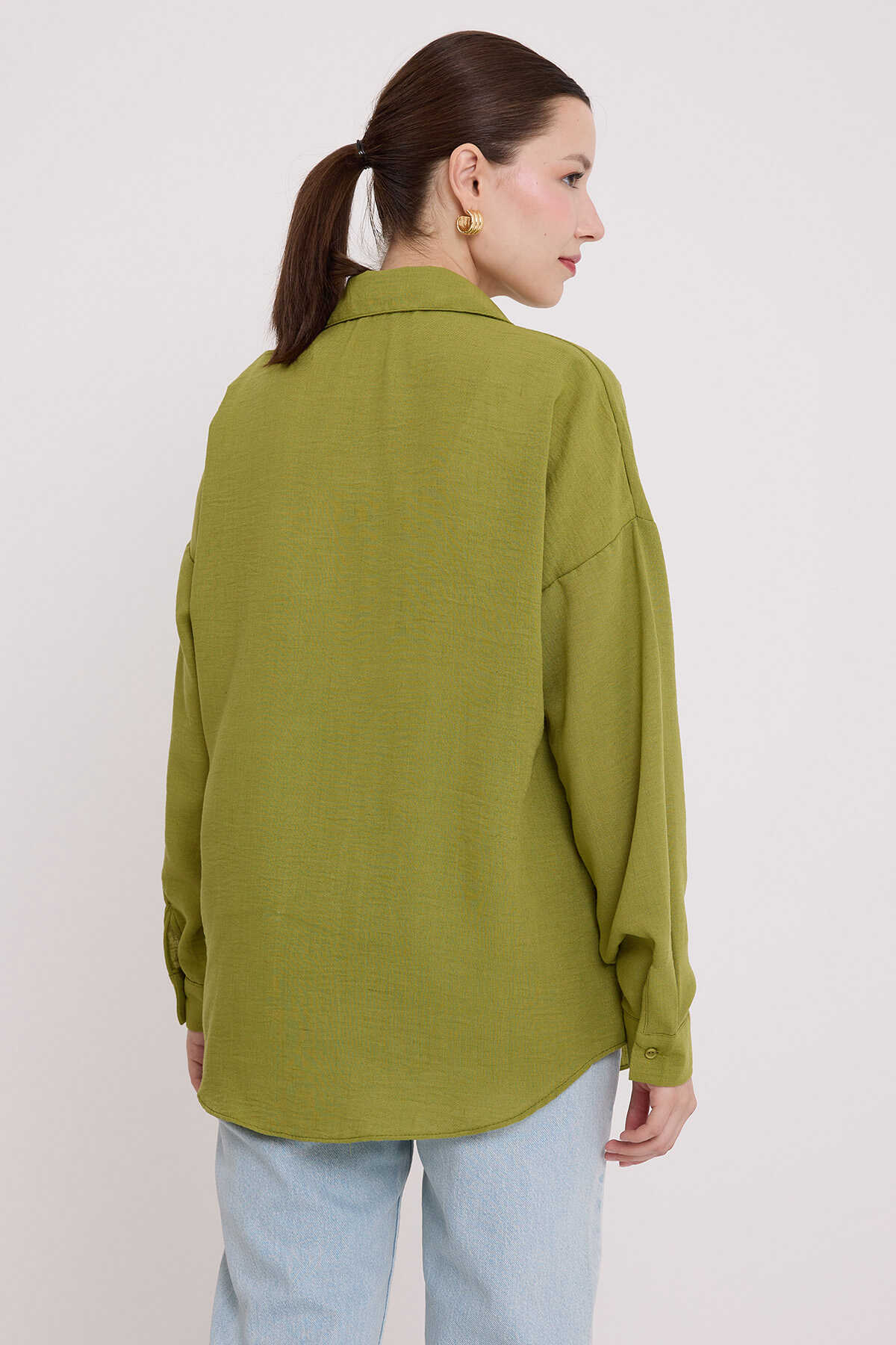 20153 Tek Cepli Oversize Keten Gömlek - A.Yeşil - 6