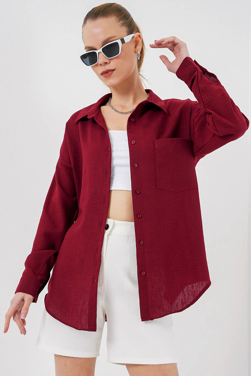 20153 Tek Cepli Oversize Keten Gömlek - Bordo - BİGDART