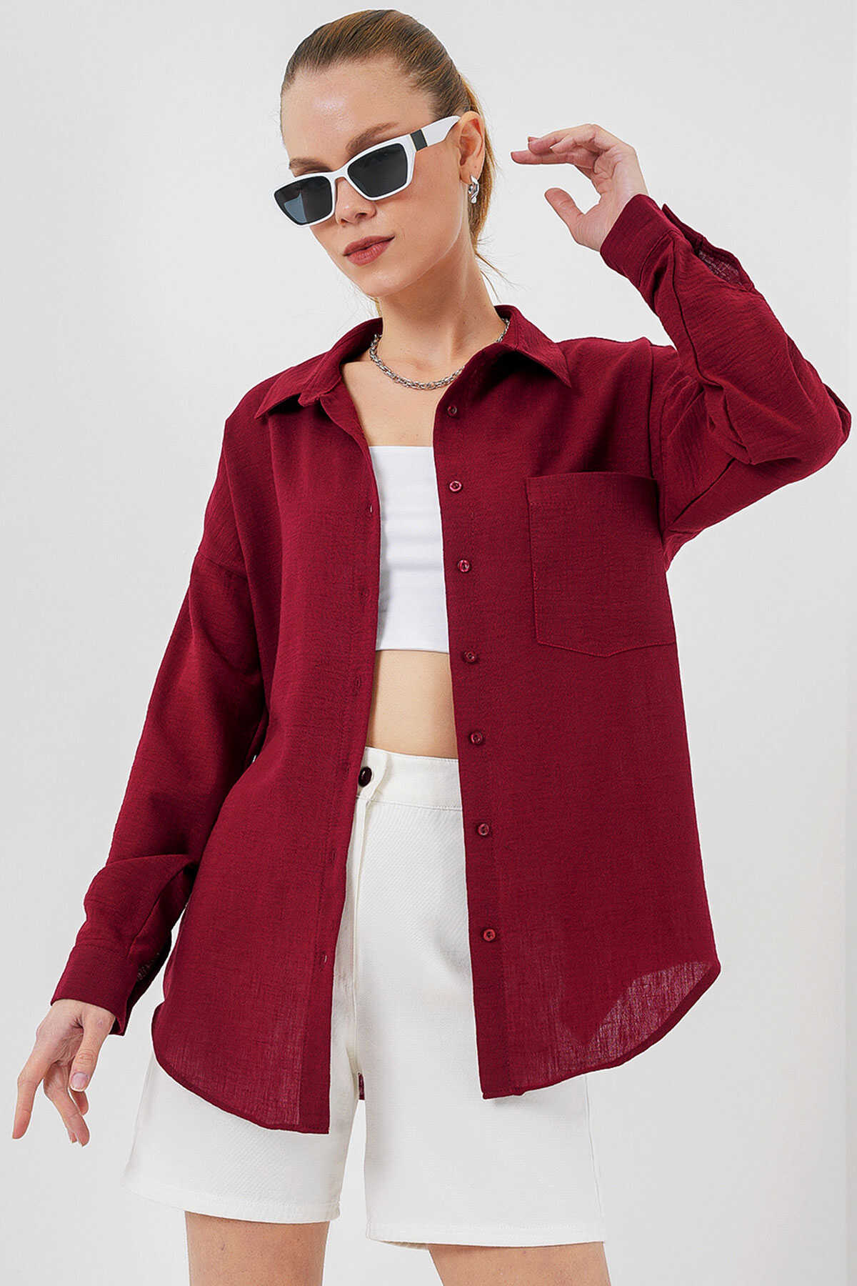 20153 Tek Cepli Oversize Keten Gömlek - Bordo - 1