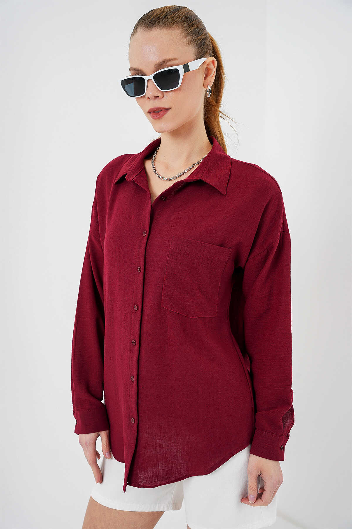 20153 Tek Cepli Oversize Keten Gömlek - Bordo - 3