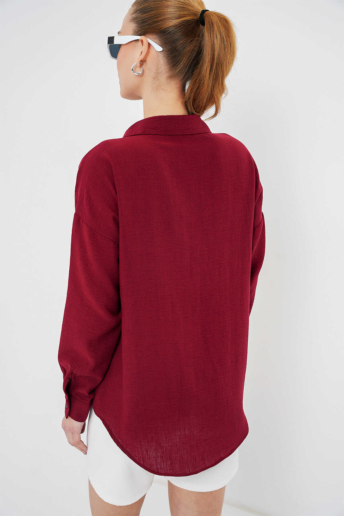20153 Tek Cepli Oversize Keten Gömlek - Bordo - 6