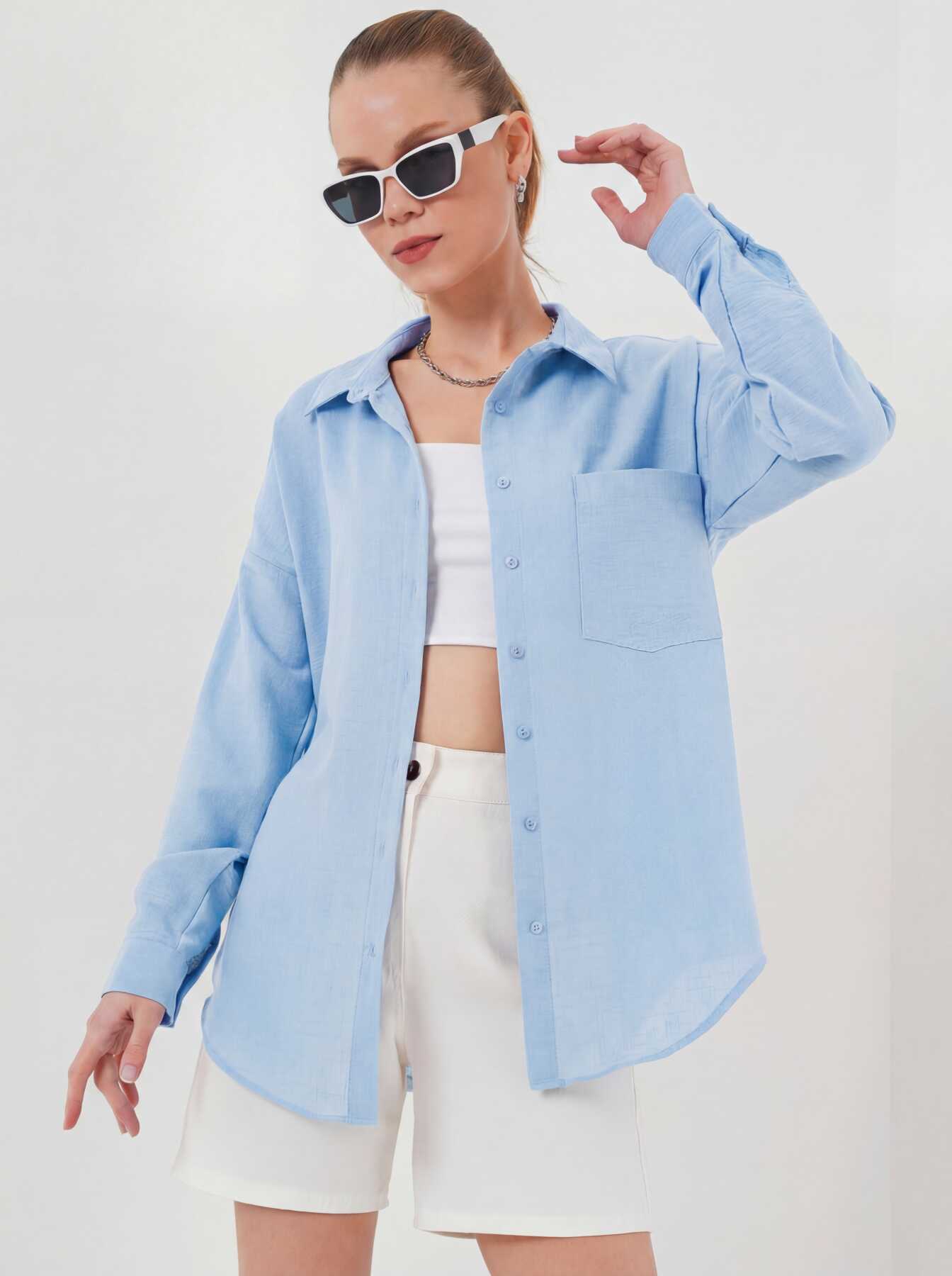 20153 Tek Cepli Oversize Keten Gömlek - Buz Mavi - BİGDART