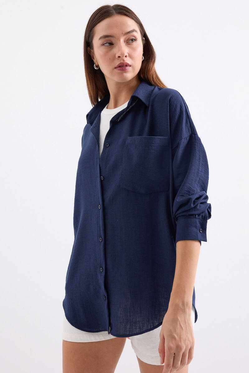 20153 Tek Cepli Oversize Keten Gömlek - D.Lacivert - BİGDART