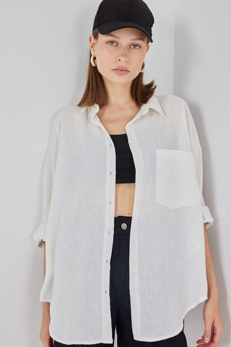 20153 Tek Cepli Oversize Keten Gömlek - Ekru - BİGDART