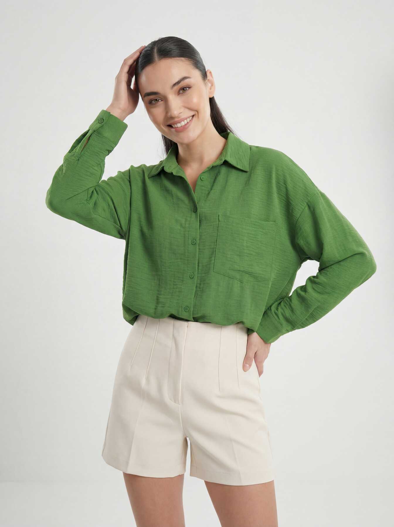 20153 Tek Cepli Oversize Keten Gömlek - G.Yeşil - BİGDART