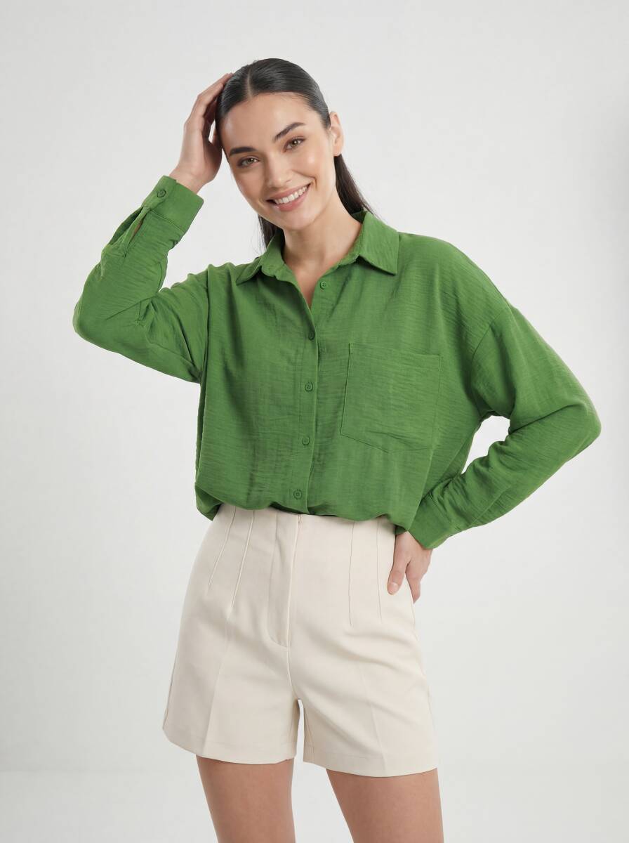 20153 Tek Cepli Oversize Keten Gömlek - G.Yeşil - BİGDART