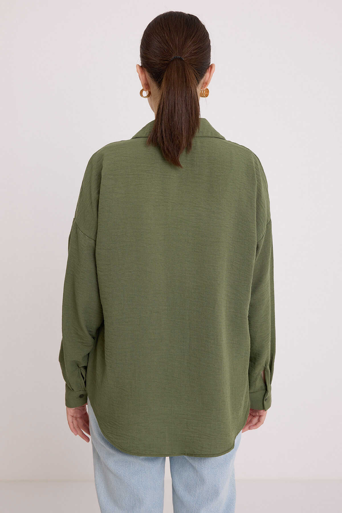 20153 Tek Cepli Oversize Keten Gömlek - Haki - 6