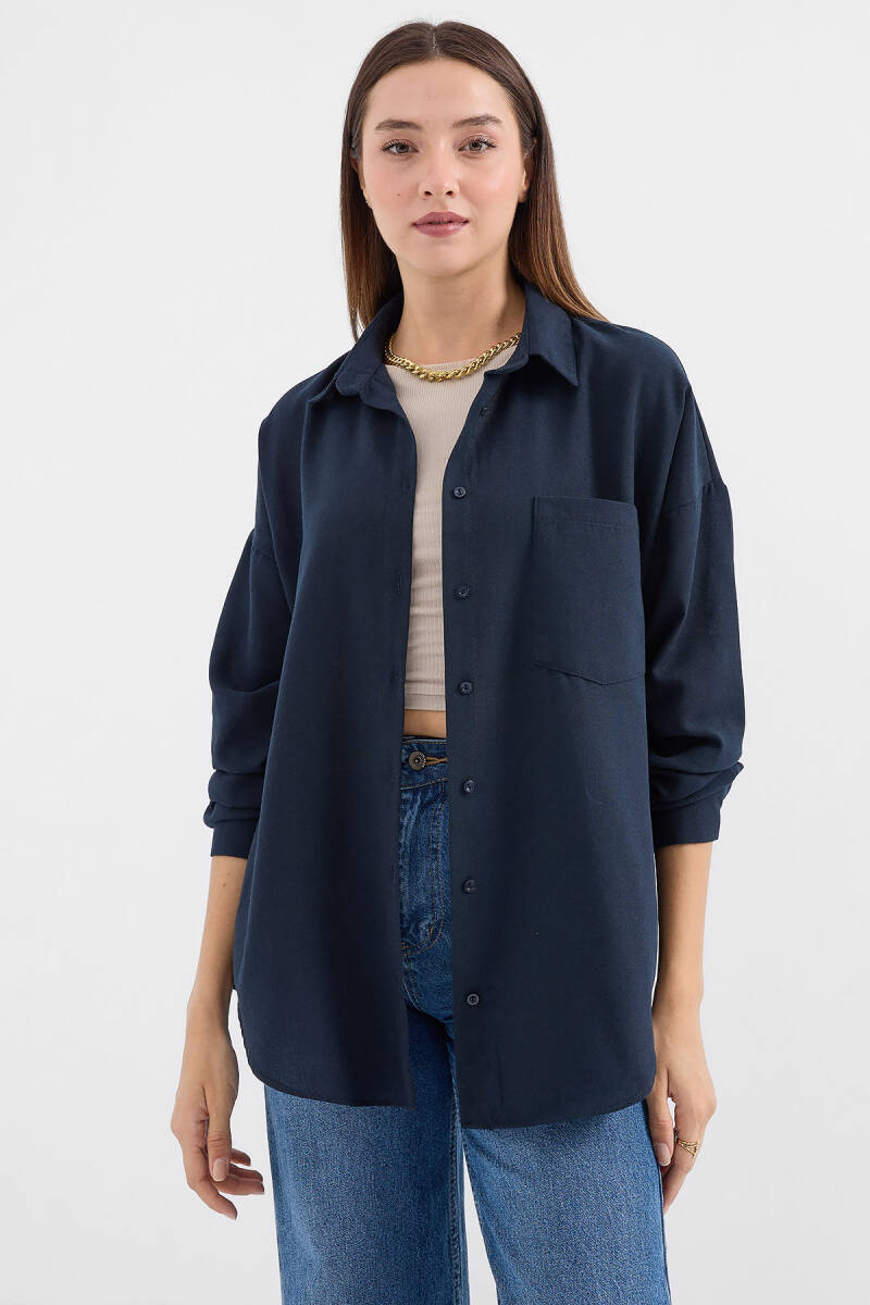 20153 Tek Cepli Oversize Keten Gömlek - Lacivert - BİGDART