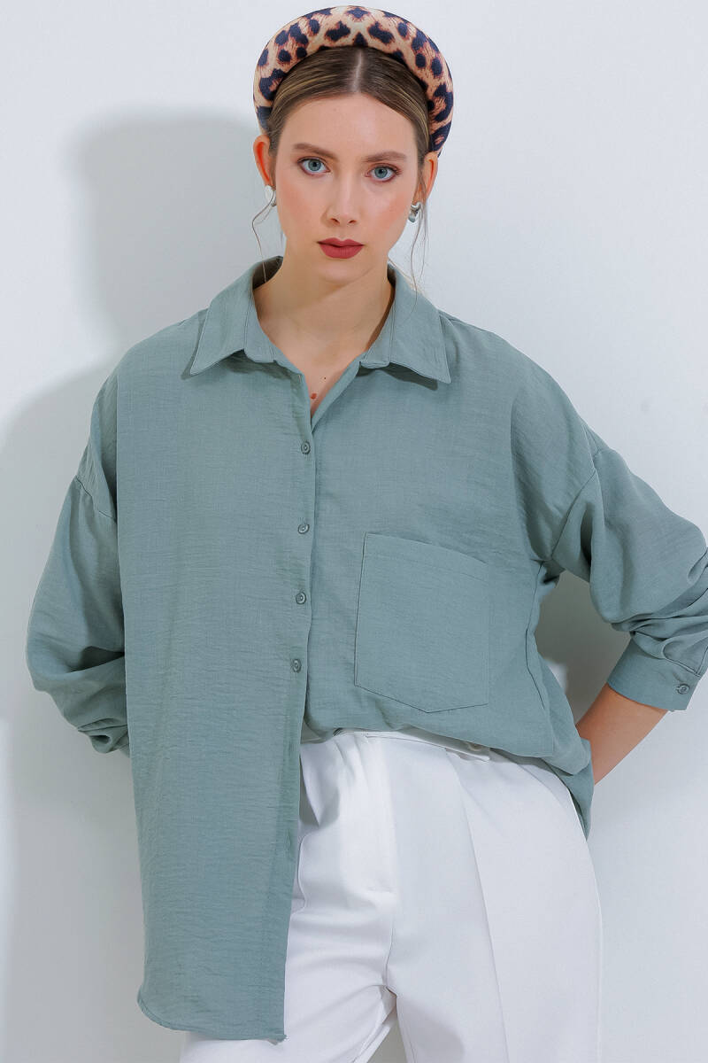 20153 Tek Cepli Oversize Keten Gömlek - Mint