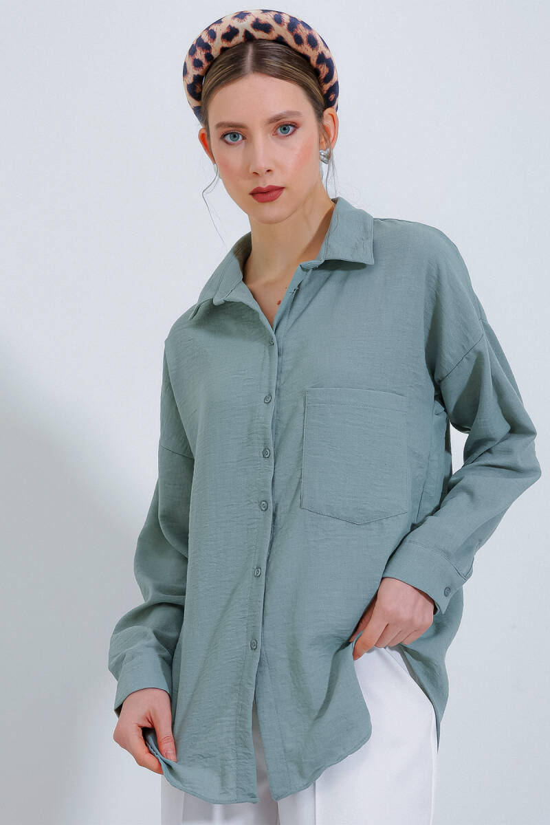 20153 Tek Cepli Oversize Keten Gömlek - Mint (1)