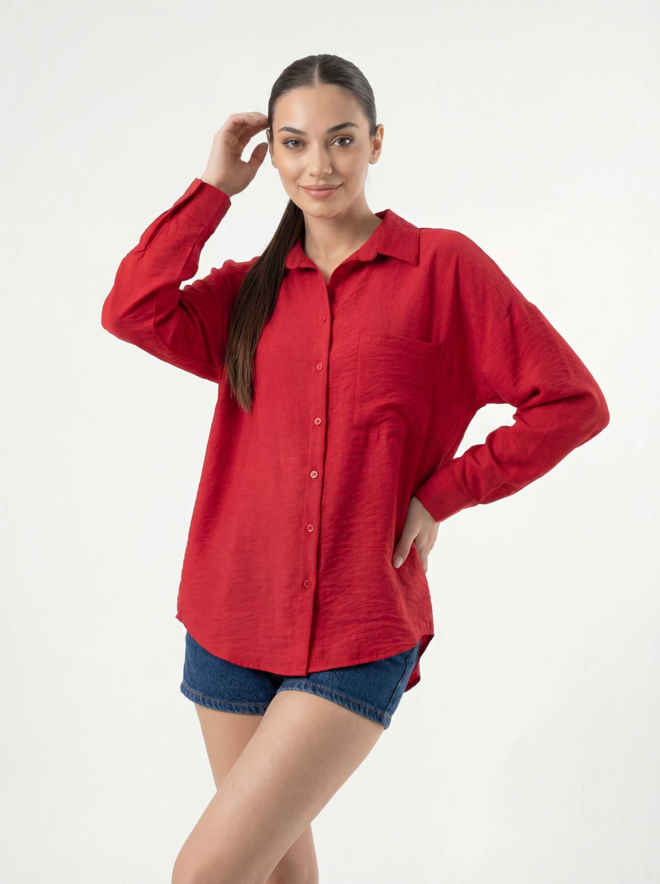 20153 Tek Cepli Oversize Keten Gömlek - Nar - BİGDART