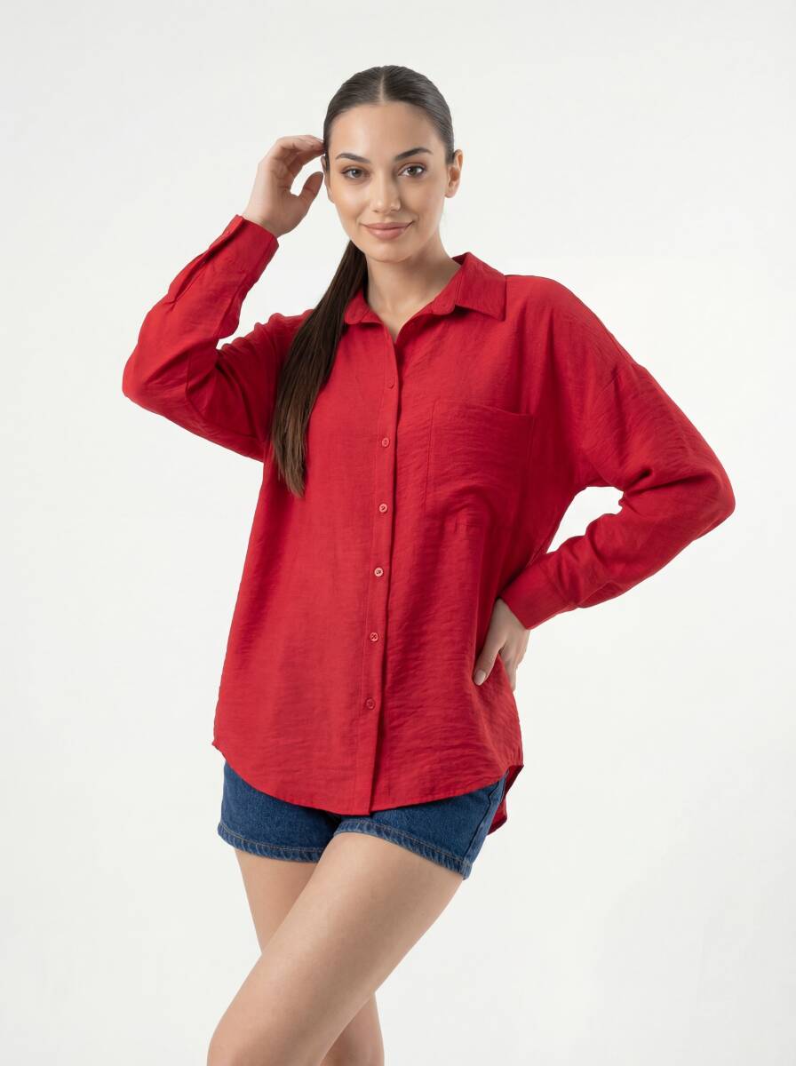 20153 Tek Cepli Oversize Keten Gömlek - Nar - BİGDART