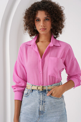 20153 Tek Cepli Oversize Keten Gömlek - Pembe 