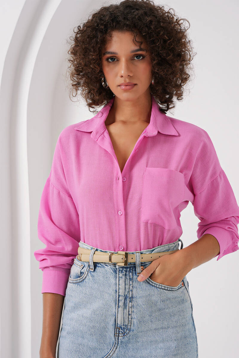 20153 Tek Cepli Oversize Keten Gömlek - Pembe - BİGDART