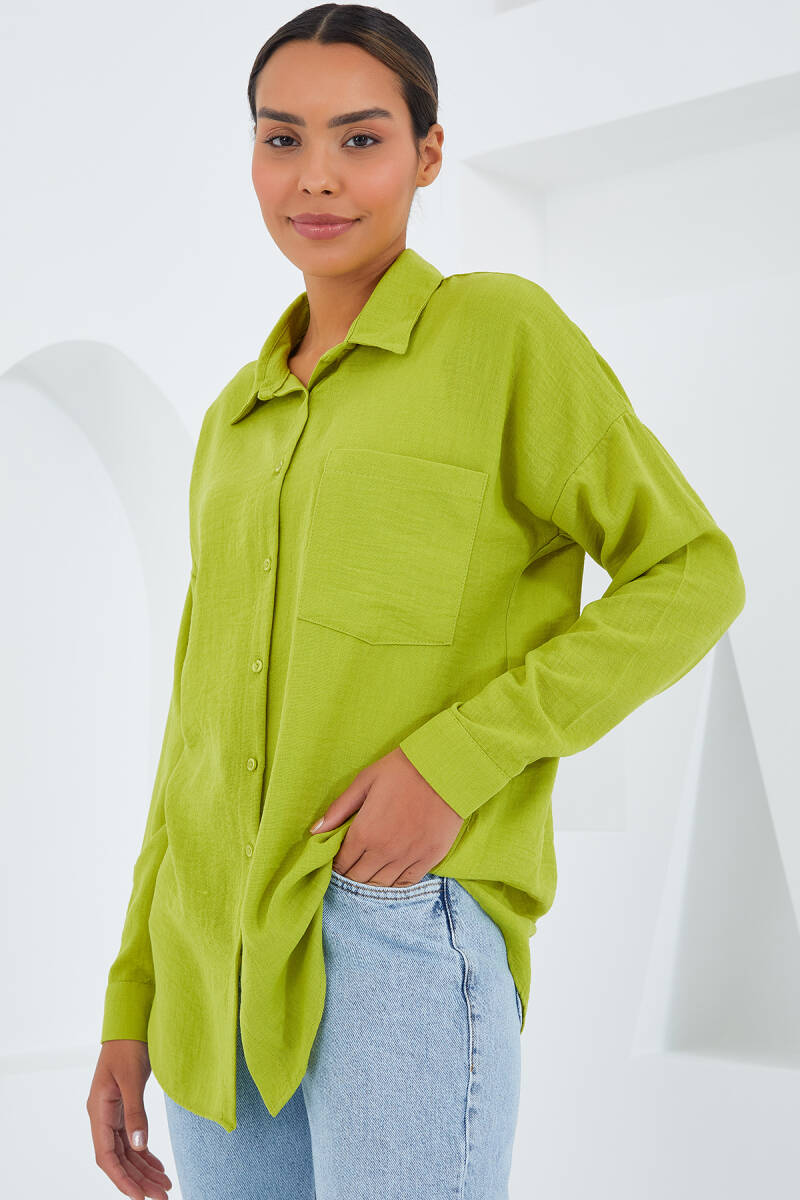 20153 Tek Cepli Oversize Keten Gömlek - Yağ Yeşil - BİGDART