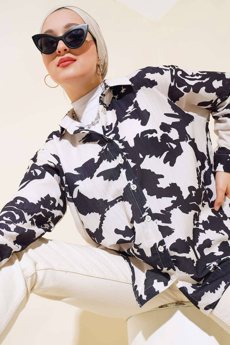 20179 Desenli Uzun Oversize Gömlek - Ekru - BİGDART