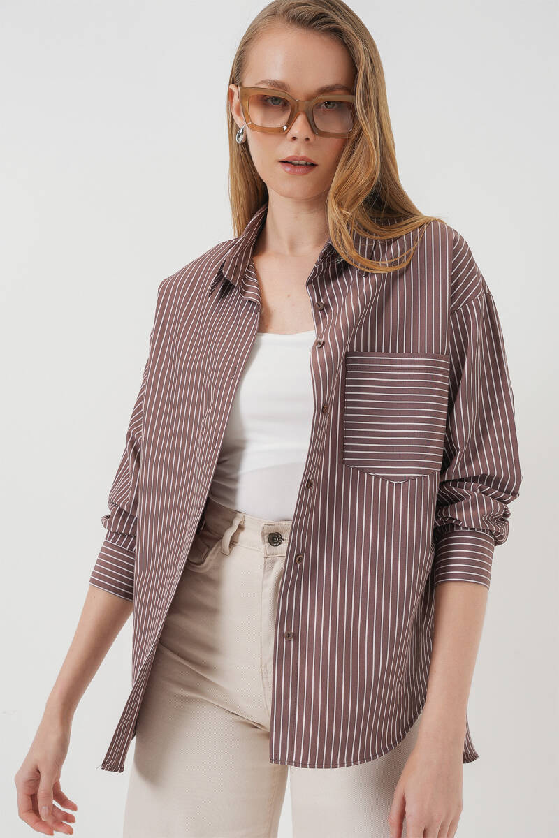 20205 Çizgili Oversize Gömlek - Kahverengi - BİGDART