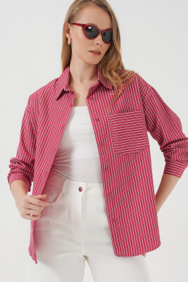 20205 Çizgili Oversize Gömlek - Kırmızı 