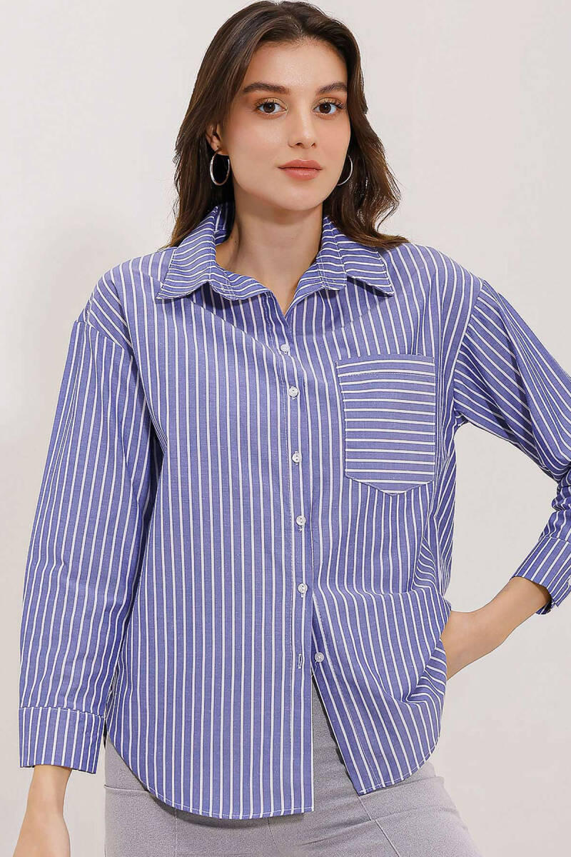 20205 Çizgili Oversize Gömlek - Lacivert - BİGDART